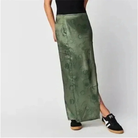Free People Serena Slim Maxi Skirt Moon Celestial Green Olive Combo Satin 8 - Picture 5 of 16